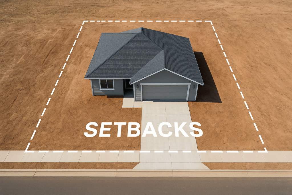 Aerial view of a modern single-story house in India, showing clear white dashed lines around the property to indicate front, side, and rear setbacks on a sandy plot with a concrete driveway and road in front.