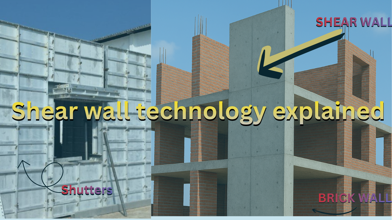 Comparison image explaining shear wall technology. The left side shows metal shuttering (formwork) used to cast concrete shear walls, labeled “Shutters.” The right side shows a building under construction with gray concrete shear walls and red brick walls, labeled “SHEAR WALL” and “BRICK WALL.” A yellow arrow highlights the concrete shear wall, and the bold yellow text across the center reads “Shear wall technology explained.”