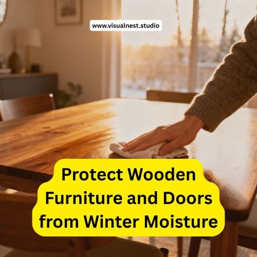 Homeowner applying protective polish on wooden furniture to prevent winter moisture damage.