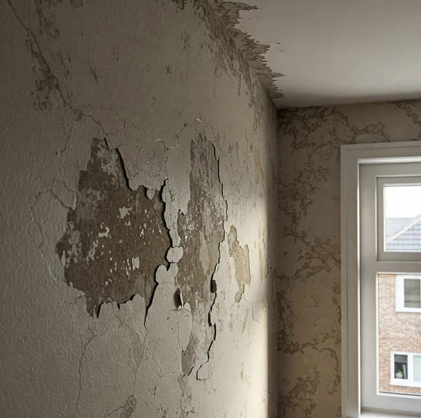 Wall with peeling paint and visible cracks caused by dampness and moisture damage.
