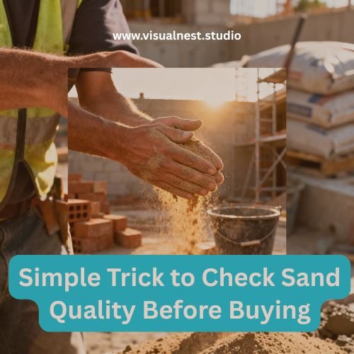 Mason's dusty hands rubbing sand between palms at a construction site, with sand grains falling in sunlight and blurred background showing bricks, a bucket, and cement bags. Overlaid text reads 'Simple Trick to Check Sand Quality Before Buying' with the website visualnest.studio above.