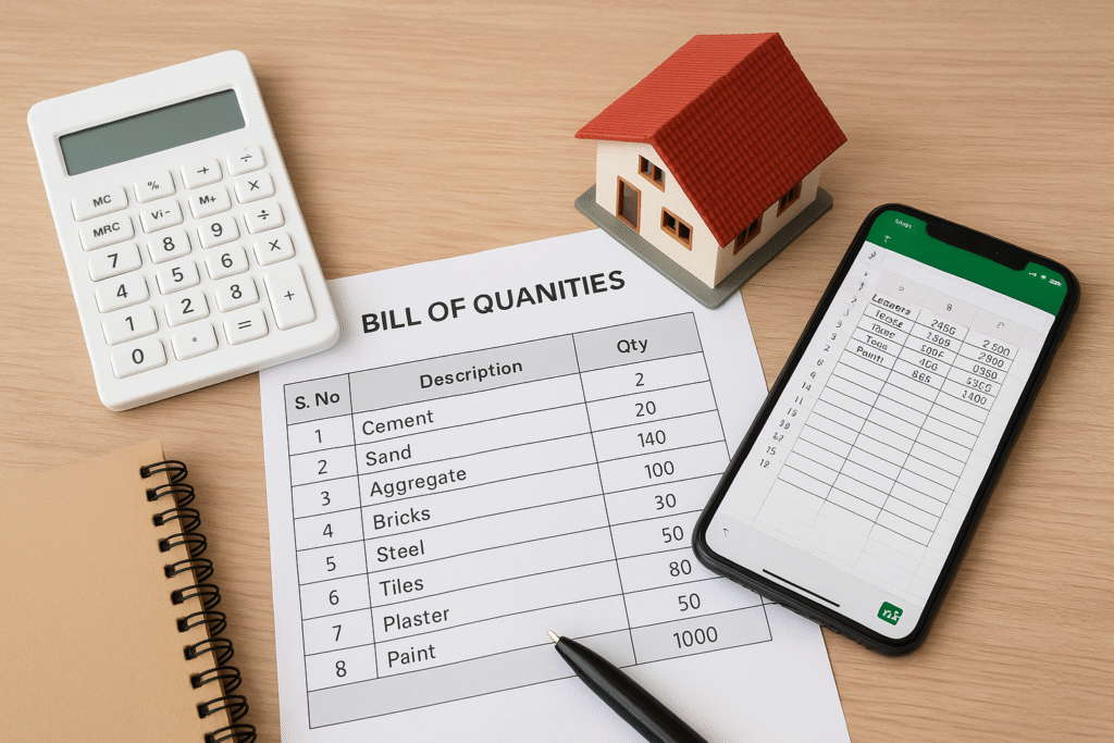 A top-view photograph of a wooden table showing a Bill of Quantities sheet, calculator, small house model, smartphone displaying a cost spreadsheet, notebook, and pen — representing budgeting and cost planning in house construction.