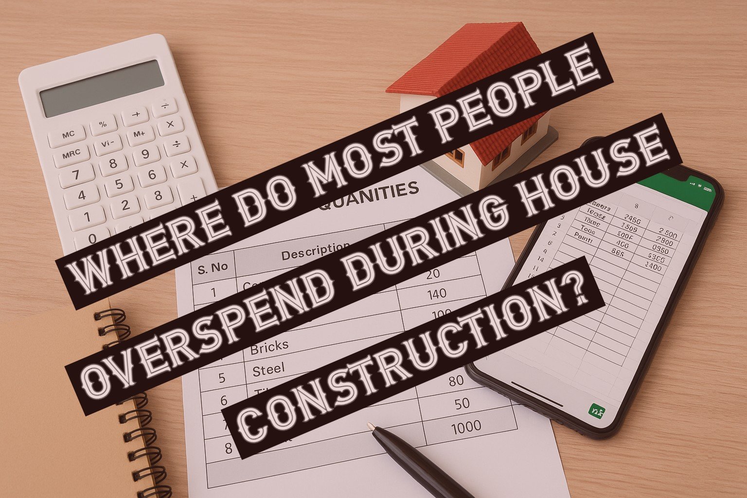 A top-view photograph of a wooden table showing a Bill of Quantities sheet, calculator, small house model, smartphone displaying a cost spreadsheet, notebook, and pen — representing budgeting and cost planning in house construction.