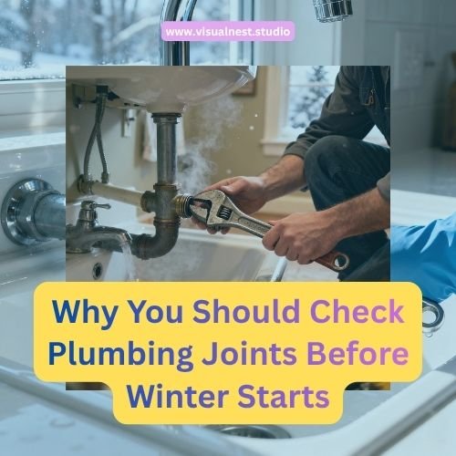 Plumber's hands using a wrench to inspect and tighten an exposed plumbing joint under a sink with visible steam, set in a bright kitchen during winter. Overlaid text reads 'Why You Should Check Plumbing Joints Before Winter Starts' with the website visualnest.studio at the top."