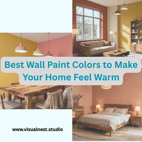 Collage showing warm interior spaces including a cozy living room, dining area, and bedroom, each with wall paint colors like terracotta, mustard yellow, peach, and beige. Central text reads 'Best Wall Paint Colors to Make Your Home Feel Warm' with the website www.visualnest.studio at the bottom.