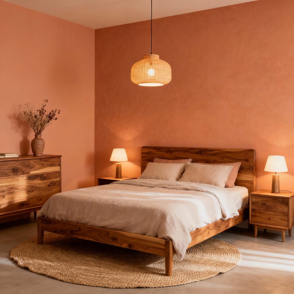 Cozy bedroom featuring warm terracotta and peach wall paint, wooden furniture, soft ambient lighting, and minimal modern decor creating a comfortable and inviting atmosphere.