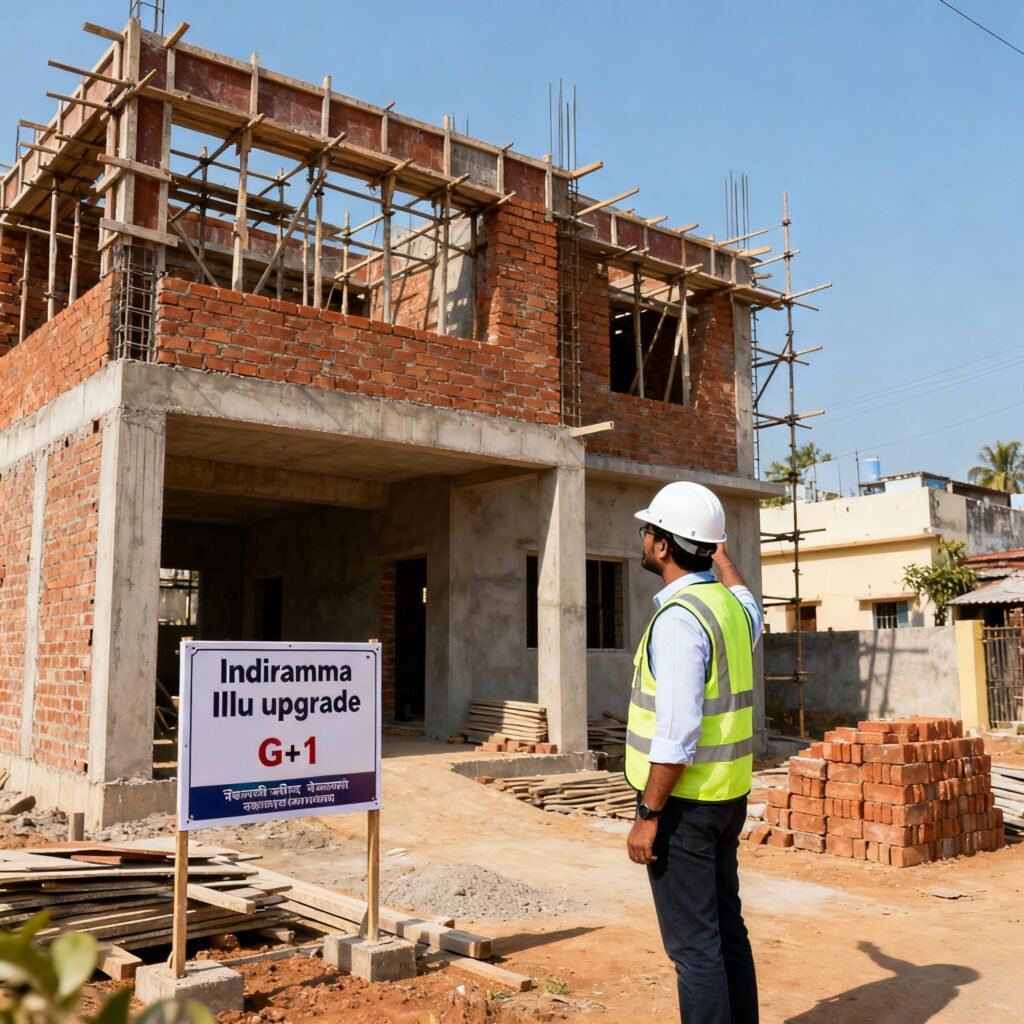 A civil engineer wearing a white helmet and safety vest inspecting a G+1 house structure under construction in Telangana. Visible brickwork, scaffolding, and construction materials around. The background shows a semi-urban neighborhood, representing modern Indiramma Illu housing upgrades.