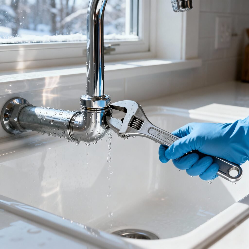 A clean, modern thumbnail photo of an exposed plumbing pipe under a kitchen sink, with visible water droplets forming on a metal joint. A pair of gloved hands is tightening it using a wrench. Subtle natural light coming through a nearby window — gives a fresh, authentic, winter-morning look.