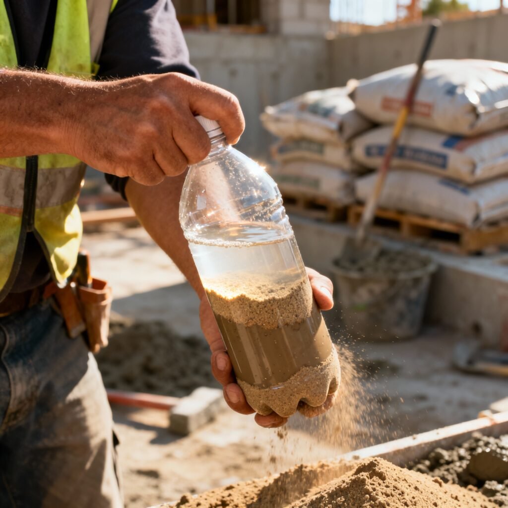 A realistic thumbnail photo of a construction worker holding a clear plastic bottle half-filled with sand and water, shaking it to test quality at a building site. Sunlight hitting the bottle, showing visible layers of clean sand and muddy water separation. Background with blurred cement bags and tools for an authentic site feel. 