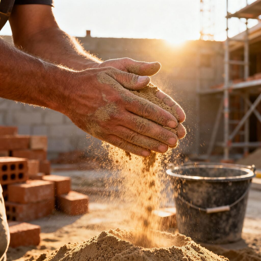 A close-up thumbnail photo of a mason’s dusty hands rubbing sand between palms at a construction site, grains falling in sunlight. The background slightly blurred with hints of bricks, a bucket, and scaffolding. Realistic textures, high contrast, natural warm tones. Capture motion and detail