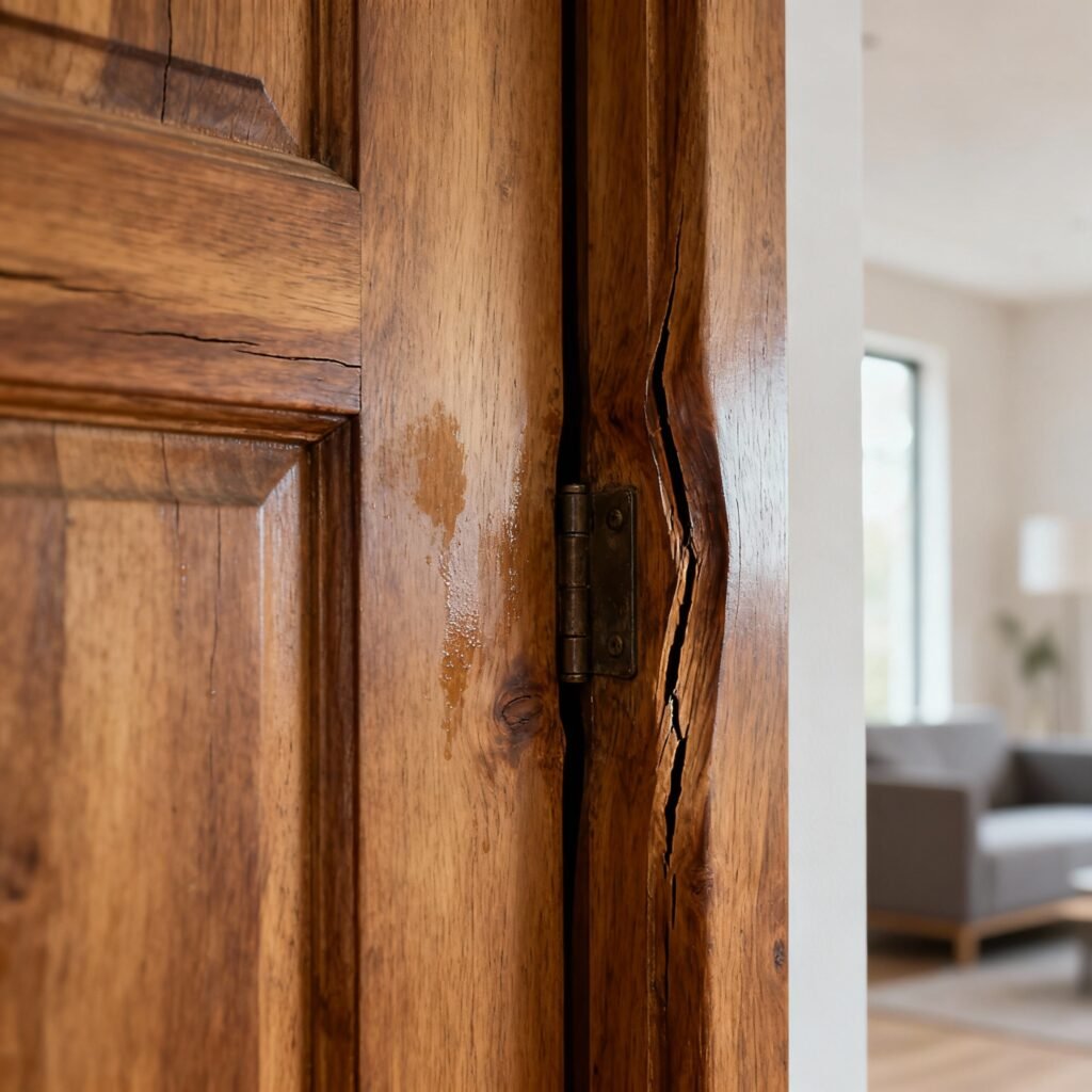 Swollen wooden door frame showing damage caused by winter moisture and humidity.