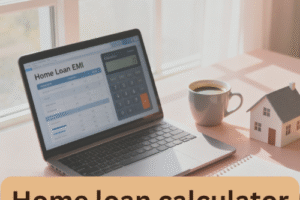 A modern workspace scene with a laptop displaying a home loan EMI calculator on screen, next to a cup of coffee, notepad, and miniature house model. The background shows soft daylight coming through a window, symbolizing home ownership and financial planning. Minimal, professional, and warm tone with pastel colors.
