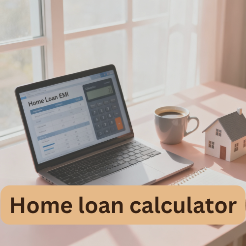 A modern workspace scene with a laptop displaying a home loan EMI calculator on screen, next to a cup of coffee, notepad, and miniature house model. The background shows soft daylight coming through a window, symbolizing home ownership and financial planning. Minimal, professional, and warm tone with pastel colors.