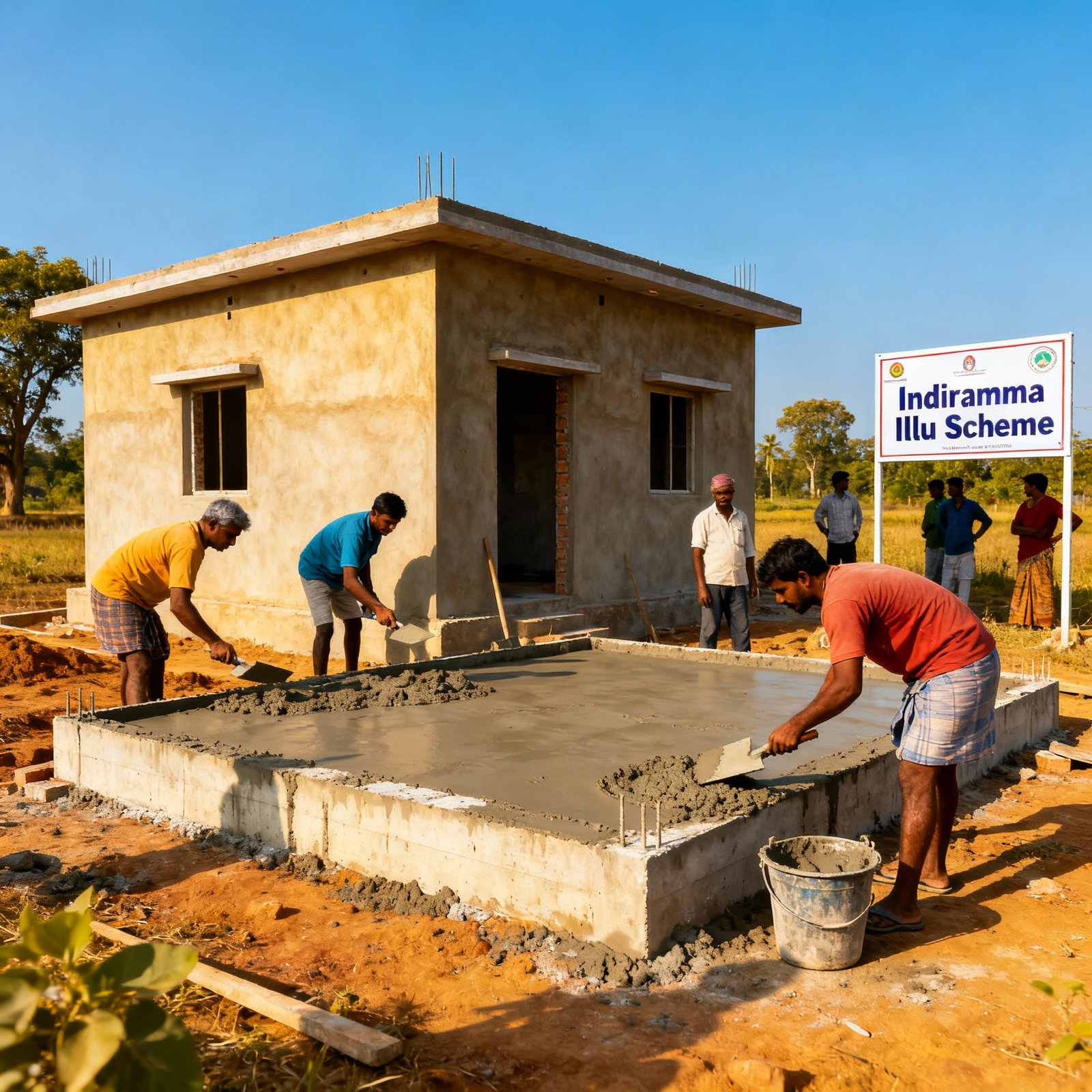 Indiramma Illu house construction site in Telangana showing workers building government-supported homes.