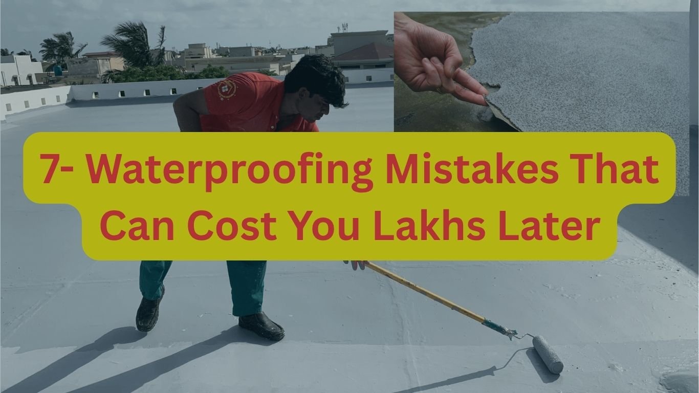 Worker applying waterproofing coating on concrete roof slab