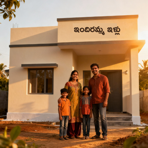 A proud family of four standing in front of their newly completed Indiramma Illu house in Telangana. The house has simple modern architecture, freshly painted walls, and a nameplate in Telugu. The family smiles happily under warm sunlight, symbolizing homeownership and hope.