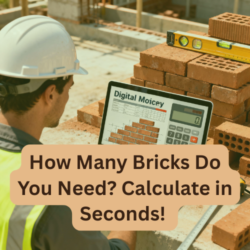 A construction engineer using a laptop on a building site, with digital brick masonry calculator visible on the screen. Background shows stacked bricks and measuring tools. The scene represents accuracy, planning, and cost estimation for a brick wall project.
