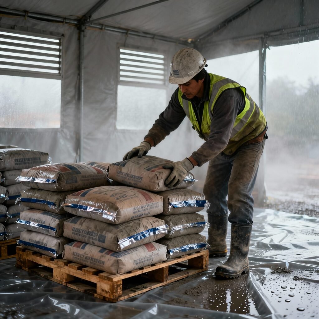 Construction worker arranging cement bags on pallets for dry storage during winter season.