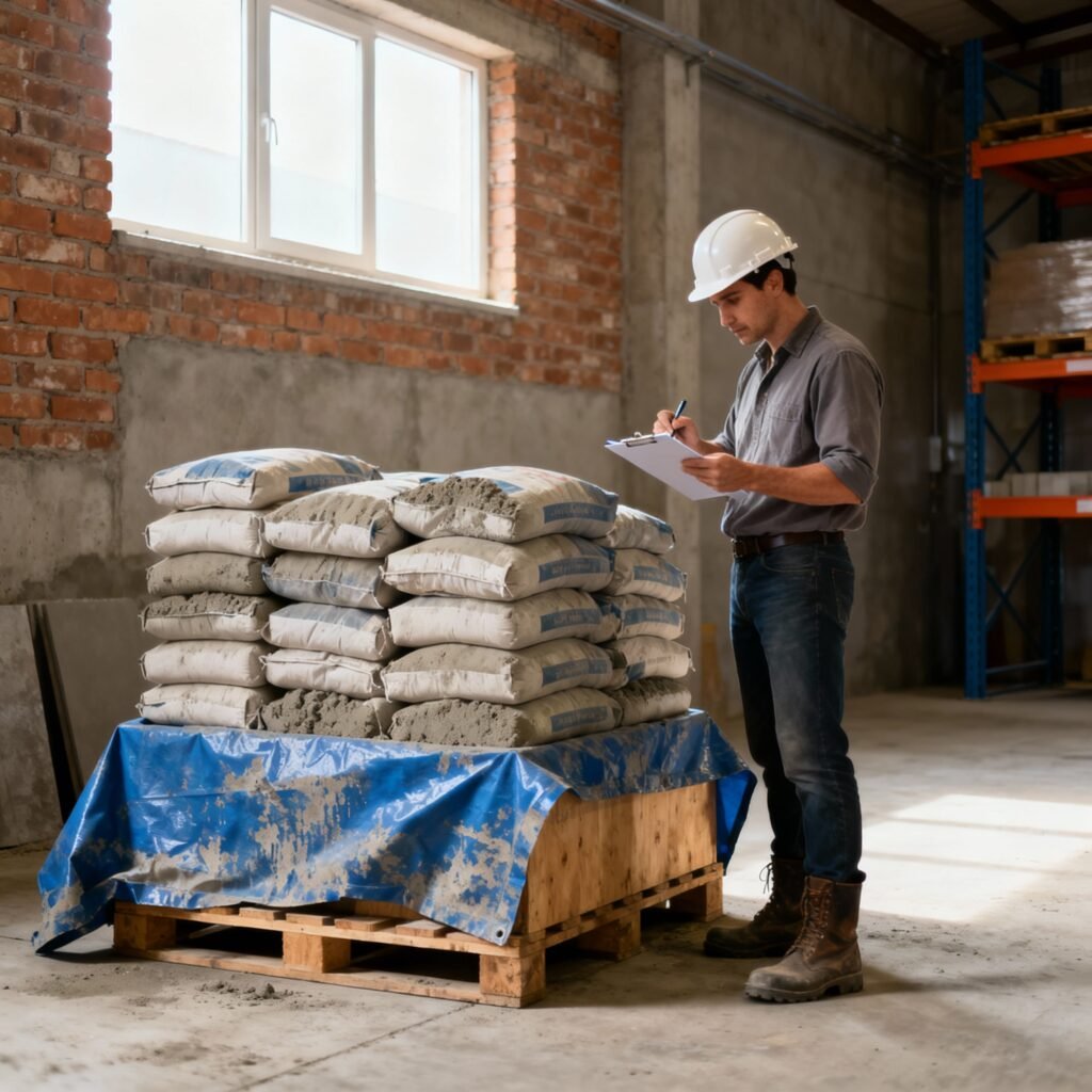 Cement bags stacked on raised platform with tarpaulin cover for safe storage during cold and damp weather.