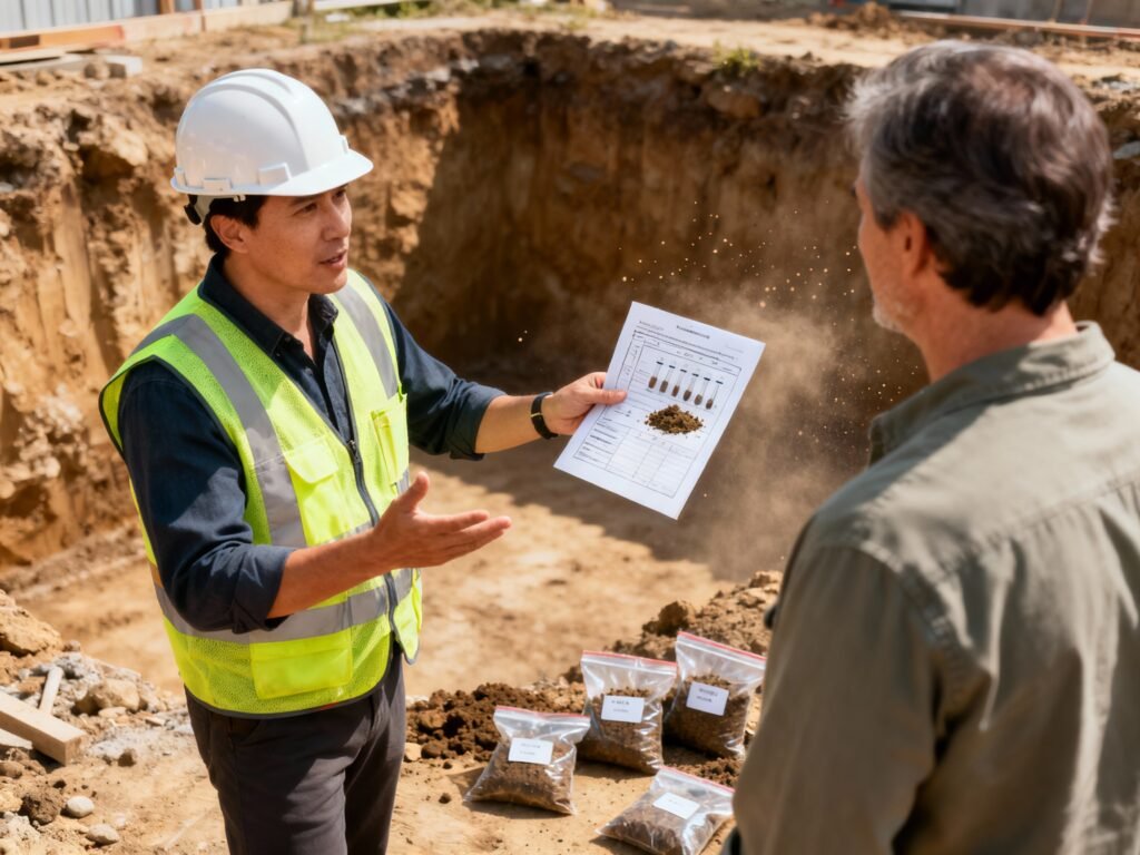 Civil engineer explaining soil test report to homeowner before deciding number of building floors.